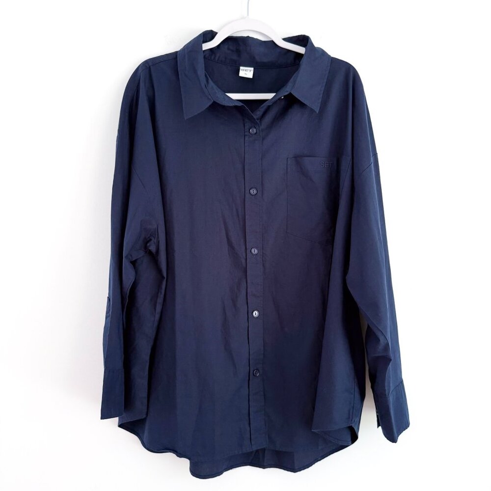 SET Active Oversized Long Sleeve Button Down XL Navy Blue Cotton Poplin